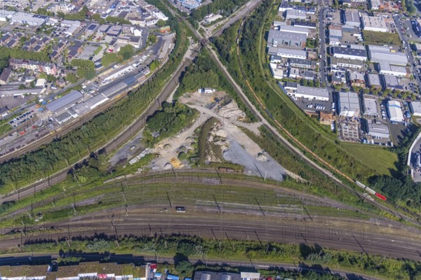 Aerial view, building plot in the Gleisdreieck near Oberhausen main station, Marienviertel,