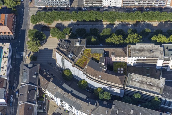 Aerial view, window renovation, covered Bert-Brecht-Haus with municipal adult education facilities