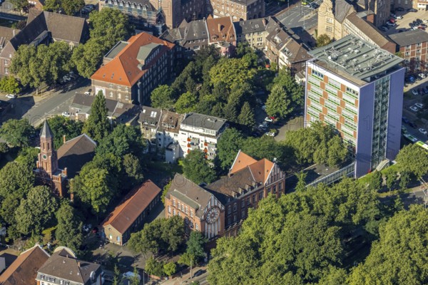 Aerial view, Christuskirche and Adolf-Feld-Schule and Hans-Böckler-Berufskolleg in the high-rise
