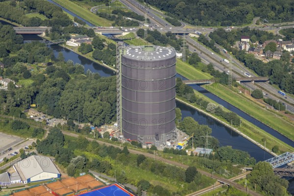 Aerial view, Gasometer Oberhausen at the Rhine-Herne Canal in Borbeck, Oberhausen, Ruhr area, North
