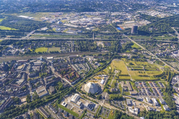 Aerial view, OLGA Park with ASO Oberhausen senior citizens' residence at OLGA Park, winding tower
