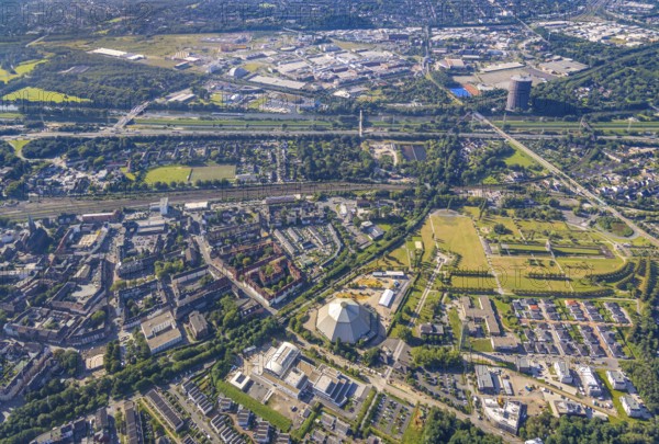 Aerial view, OLGA Park with ASO Oberhausen senior citizens' residence at OLGA Park, winding tower
