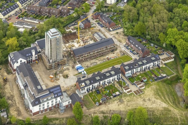 Aerial view, construction site and new construction residential buildings Am Schacht IV, Kursana