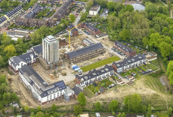 Aerial view, construction site and new construction residential buildings Am Schacht IV, Kursana