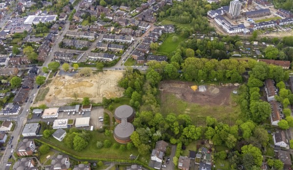 Aerial view, construction site, construction area, residential building project at RWW