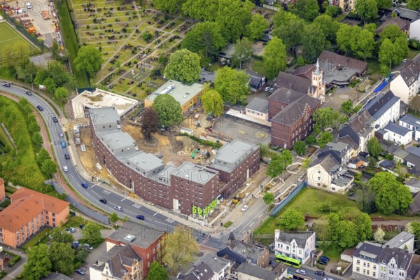 Aerial view, construction site and new building day care centre and flats, Steinbrinkstraße corner