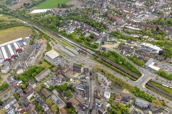 Aerial view, railway station and bus station, biomass cogeneration plant of Energieversorgung