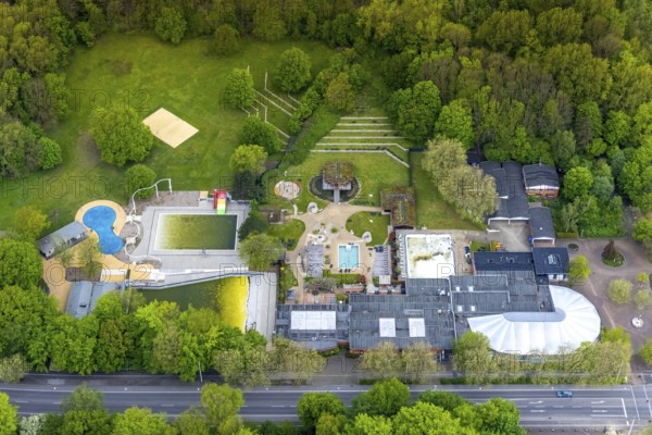 Aerial view, Revierpark Vonderort with Solbad Vonderort in Osterfeld, algae in swimming pool,