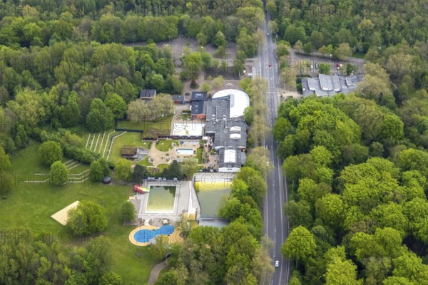Aerial view, Revierpark Vonderort with Solbad Vonderort in Osterfeld, algae in swimming pool,