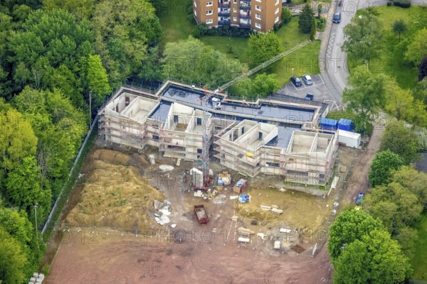 Aerial view, construction site and new building day care centre Drei Knappen on the former sports