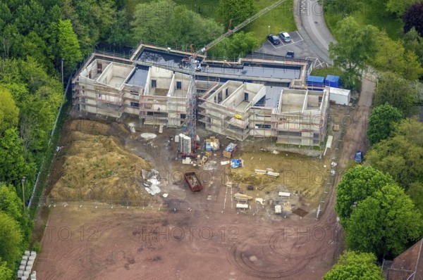 Aerial view, construction site and new building day care centre Drei Knappen on the former sports