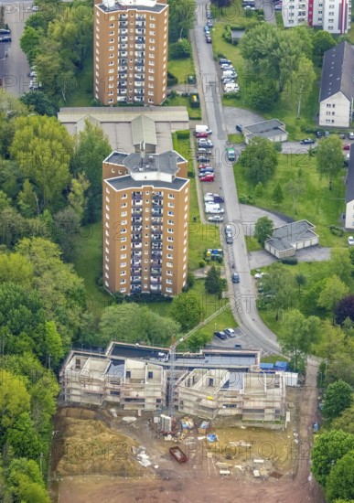 Aerial view, construction site and new building day care centre Drei Knappen on the former sports