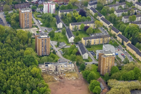 Aerial view, construction site and new building day care centre Drei Knappen on the former sports
