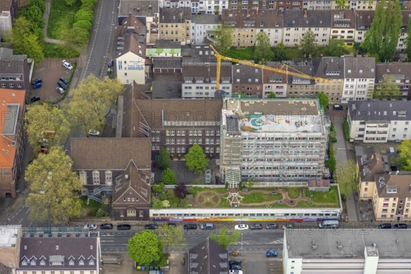 Aerial view, construction site Elsa-Brändström-Gymnasium, city centre, Oberhausen, Ruhr area, North