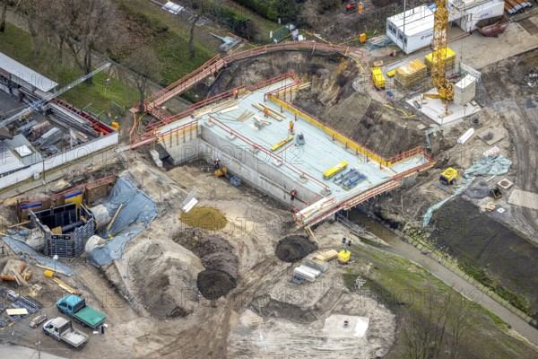 Aerial view, construction site bridge over the main canal at Erlenstraße, Schwarze Heide,
