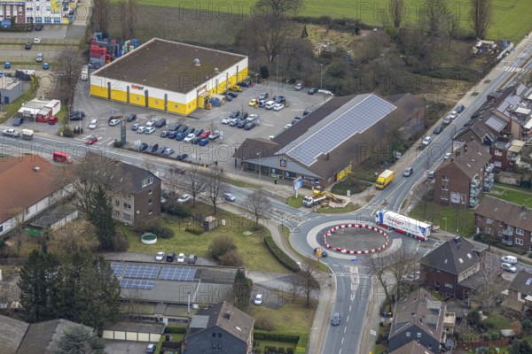 Aerial view, roundabout, Von-Trotha-Straße, Weierstraße, Schwarze Heide, Oberhausen, Ruhr area,