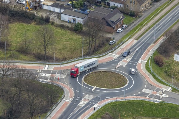 Aerial view, roundabout Weißensteinstraße at the motorway A3, Schwarze Heide, Oberhausen, Ruhr