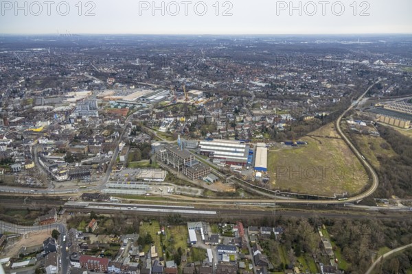 Aerial view, railway station and bus station, biomass cogeneration plant of Energieversorgung