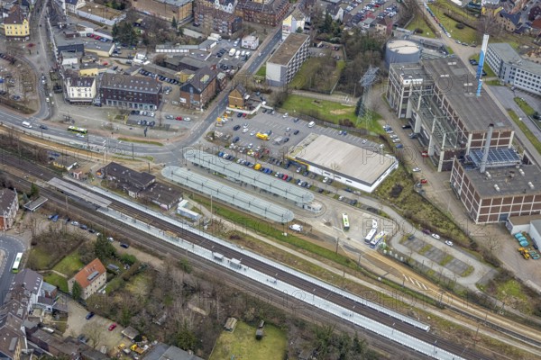 Aerial view, railway station and bus station, biomass cogeneration plant of Energieversorgung