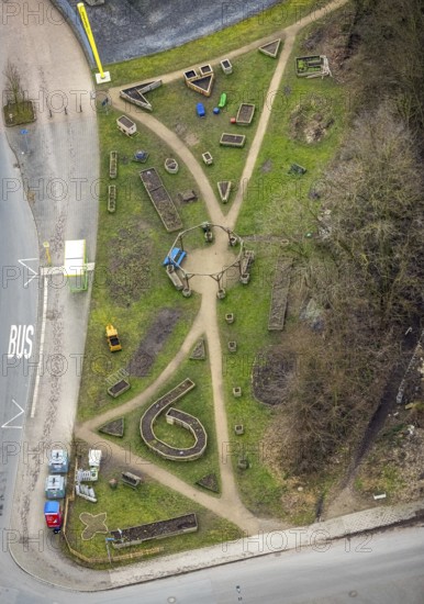 Aerial view, plant boxes, food culture at St. Antony's Hut, Klosterhardt, Oberhausen, Ruhr area,