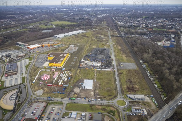 Aerial view, CentrO site, construction site Brammenring, Hornbach Baumarkt, Poco Einrichtungsmarkt,