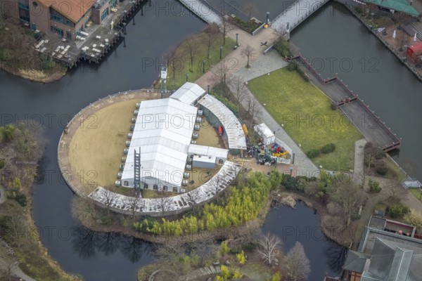 Aerial view, CentrO Beach with tent, Borbeck, Oberhausen, Ruhr area, North Rhine-Westphalia,