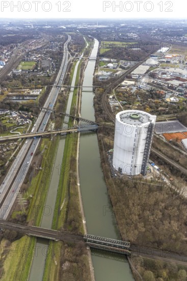 Aerial view, gasometer renovation measures, covered gasometer at CentrO, Rhine-Herne Canal. River