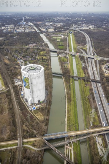Aerial view, gasometer renovation measures, covered gasometer at CentrO, poster The Emscher is