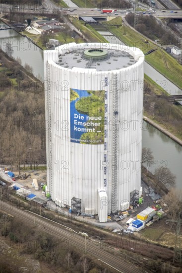 Aerial view, gasometer renovation measures, covered gasometer at CentrO, poster The Emscher is