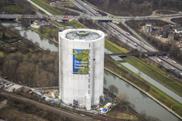 Aerial view, gasometer renovation measures, covered gasometer at CentrO, Rhine-Herne Canal. River