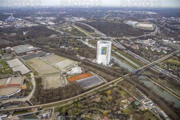 Aerial view, gasometer renovation measures, covered gasometer at CentrO, poster The Emscher is