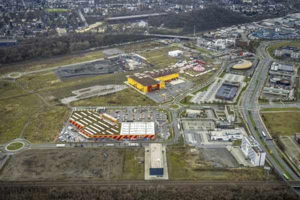 Aerial view, CentrO site, construction site Brammenring, Hornbach Baumarkt, Poco Einrichtungsmarkt,