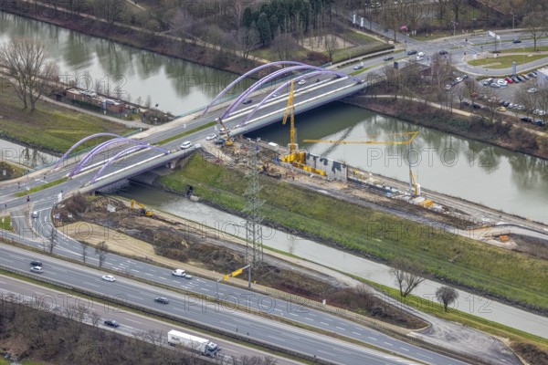 Aerial view, construction site between Rhine-Herne Canal and Emscher, Emscher conversion, bridge