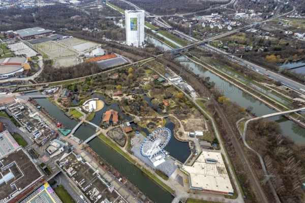 Aerial view, CentrO Oberhausen shopping centre, renovation work on the covered gasometer, Borbeck,