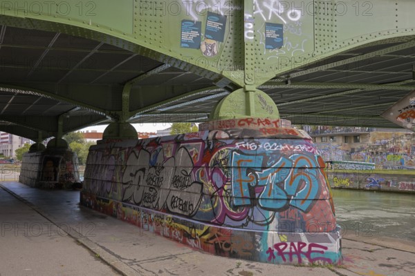 Under a bridge with graffiti on the retaining walls and a river in the background, Am Donaukanal