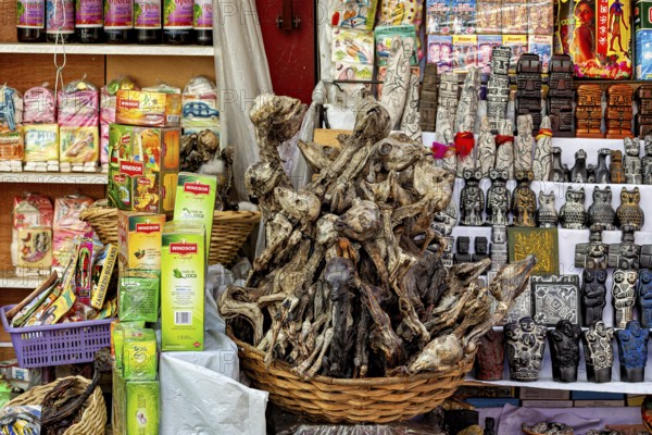 A market stall with dried animals and colourful packaging offers traditional decorative items, The