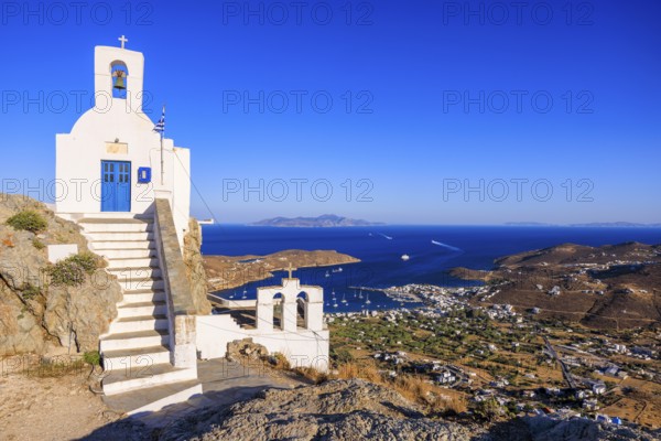 View of Agios Konstantinos church and Livadi bay in the distance, Chora, Serifos Island, Cyclades,
