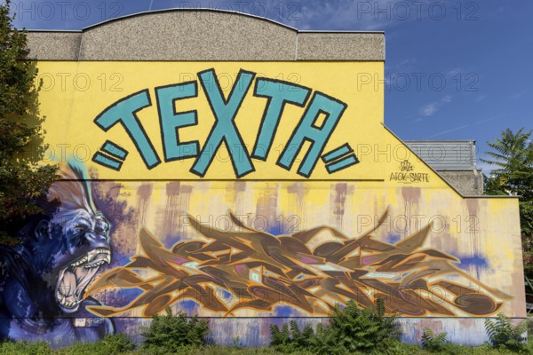 Dynamic graffiti of a roaring lion and large text on a yellow wall, at Linz harbour Upper Austria