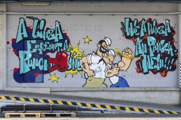 Colourful comic-style graffiti with fighting characters and lettering, at the port of Linz Upper