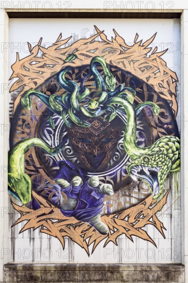 Mythical motif with Medusa and several snakes in a circular design, at Linz harbour Upper Austria