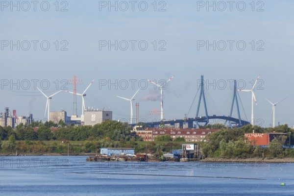 Spree harbour with Köhlbrand bridge and wind turbines, Hamburg, Germany