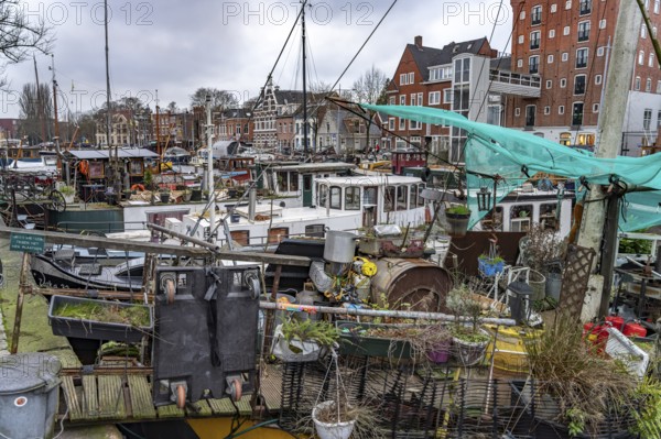 Houseboats on a canal in Groningen, Netherlands