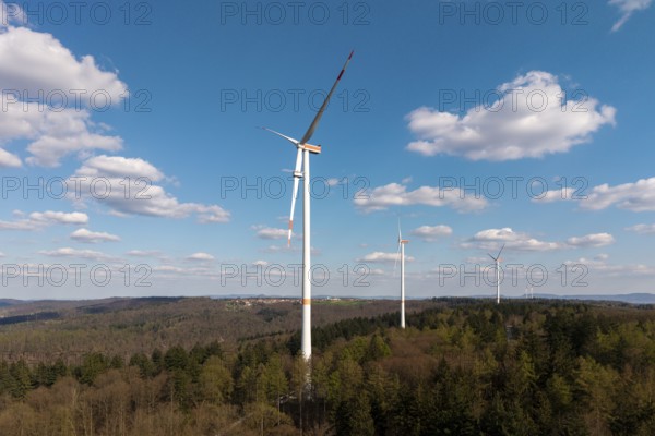 Natural landscape with wind turbines and soft clouds, maintenance work, repair, near Schorndorf im