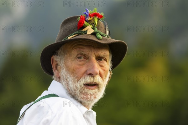 Cattle drive, herdsman, portrait, felt hat, traditional traditional costume, Oberstdorf,