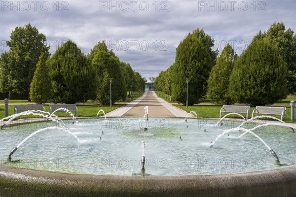 Fountain in front of the Monopteros columned temple, spa gardens, Bad Staffelstein, Upper