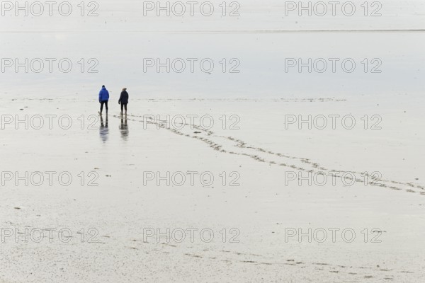 Nordseeküste, Wattenmeer, Personen gehen bei Ebbe durch das Watt, Norddeich, Niedersachsen,