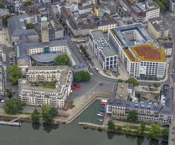 Aerial view, Ruhrbania, city centre of Mülheim, a week ago the Ruhr was flooded, course of the