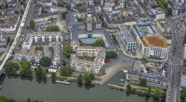 Aerial view, Ruhrbania, city centre of Mülheim, a week ago the Ruhr was flooded, course of the