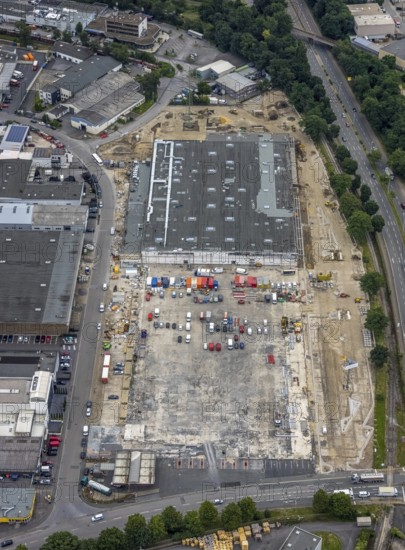 Aerial view, new construction of the burnt down Netto, Speldorf, Mülheim an der Ruhr, Ruhr area,