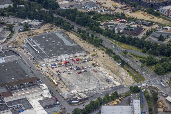 Aerial view, new construction of the burnt down Netto, Speldorf, Mülheim an der Ruhr, Ruhr area,